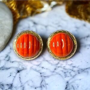 Bergere Vintage Earrings Gold Tone Orange Ribbed Glass Cabochons Clip-On